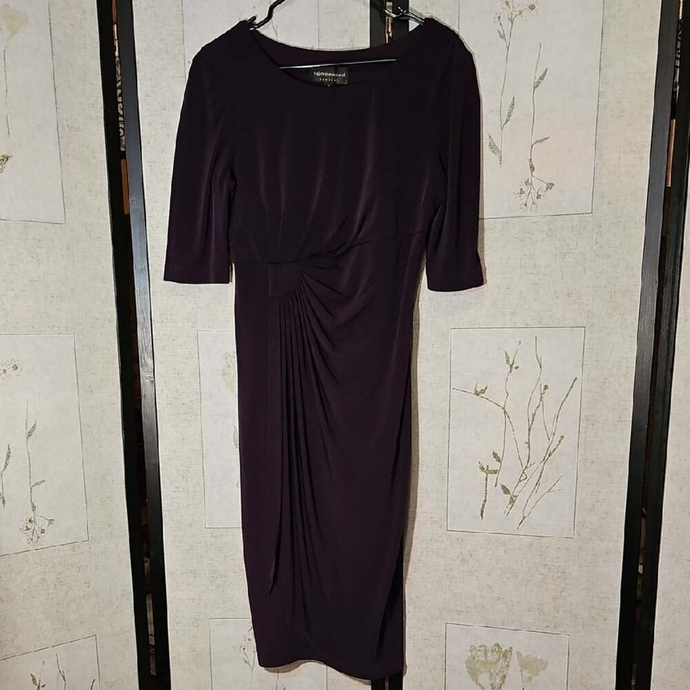 Connected Apparel Purple Midi Sheath Dress with 3/4 Sleeves and Crew Neck